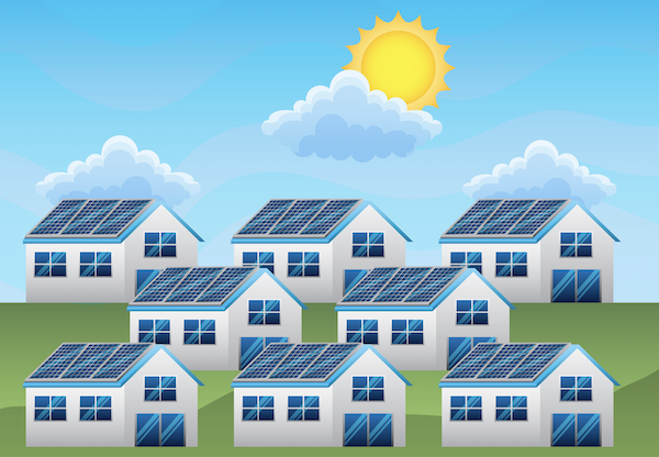 Illustration of a group of homes with solar panels under a shining sun.