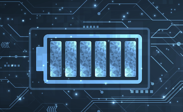 Illustration of a charged battery icon with printed circuit board tracks in the background