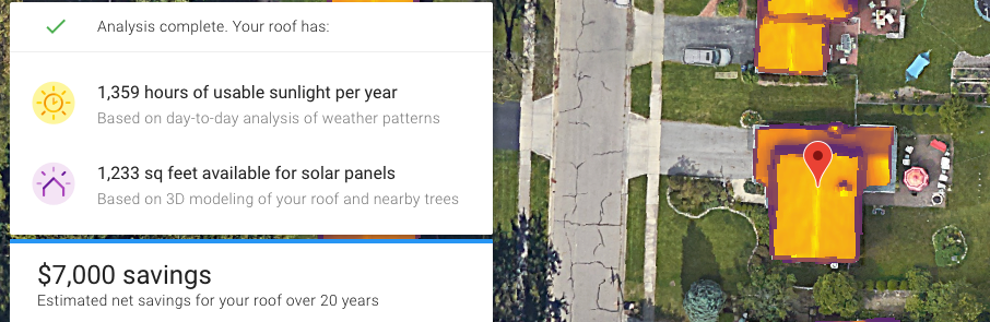 Aerial view of a house with data from Google Project Sunroof
