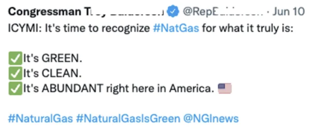 Tweet proclaiming natural gas is green, clean and abundant.