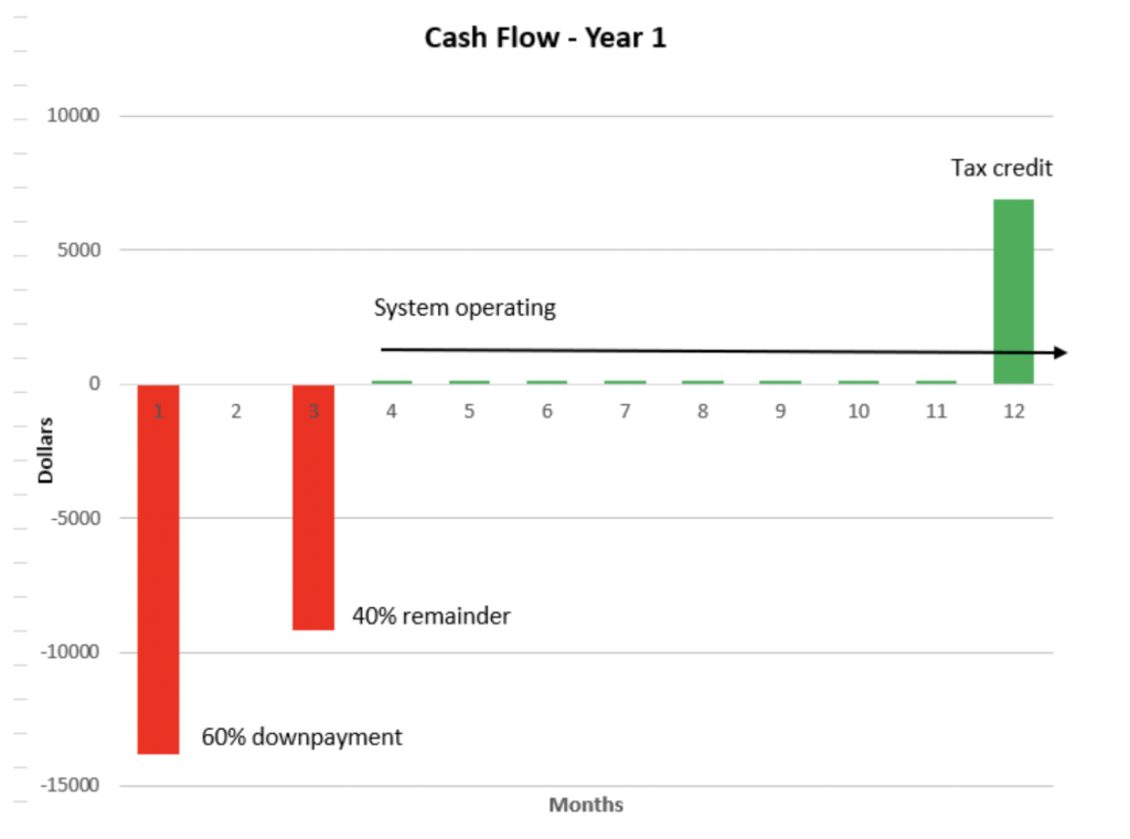 Graph of cash flow for first year. Upfront cost, then monthly positive cash flow, then tax credit.