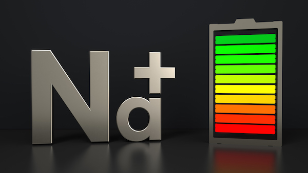 Illustration of a battery icon, fully charged with the chemical symbol for a sodium ion, Na+